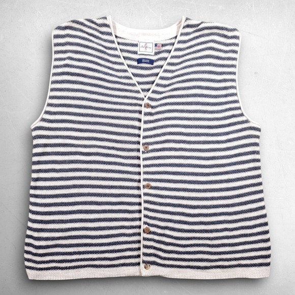 Old Glory Jackets & Blazers - VTG Old Glory Striped Knit Button Up Vest Women M Blue White Vintage 90s Coastal